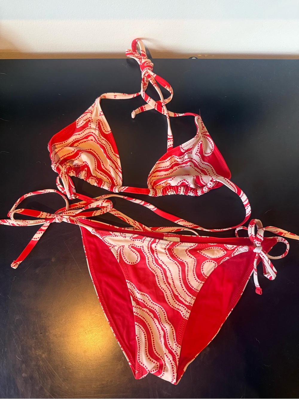 Lemlem Red and Cream Printed Tie Bikini
